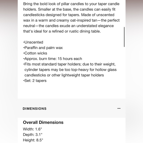 CRATE&BARREL NWT 2pc cylinder oat off-white taper candles -8.5” - Picture 4 of 6